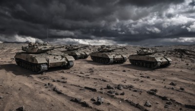 outdoors,sky,day,cloud,military,no humans,cloudy sky,ground vehicle,motor vehicle,military vehicle,tank,vehicle focus,machine gun,caterpillar tracks,world war ii,dust,scenery,rock,emblem