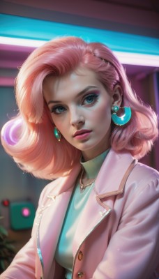 1girl,solo,long hair,breasts,looking at viewer,blue eyes,long sleeves,jewelry,closed mouth,jacket,upper body,pink hair,earrings,parted lips,open clothes,artist name,indoors,medium hair,necklace,blurry,sweater,open jacket,lips,coat,eyelashes,makeup,blurry background,turtleneck,watermark,lipstick,crescent,gem,pendant,eyeshadow,freckles,curly hair,open coat,turtleneck sweater,realistic,nose,eyeliner,pink jacket,mascara,crescent earrings,short hair,bangs,shirt,medium breasts,multicolored hair,signature,aqua eyes,buttons,web address,forehead,pink lips