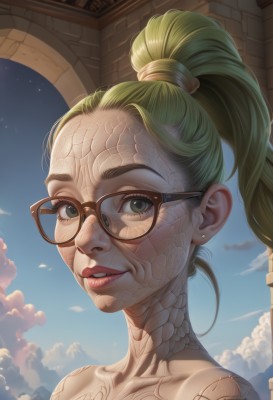 1girl,solo,long hair,looking at viewer,blonde hair,jewelry,green eyes,collarbone,ponytail,earrings,parted lips,green hair,sky,glasses,day,cloud,blue sky,lips,makeup,high ponytail,portrait,freckles,black-framed eyewear,nose,stud earrings,smile,outdoors,teeth,artist name,signature,eyelashes,tattoo,watermark,thick eyebrows,cloudy sky,star (sky),starry sky,bespectacled,mascara