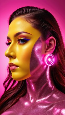 1girl,solo,long hair,looking at viewer,blue eyes,brown hair,jewelry,collarbone,earrings,parted lips,lips,eyelashes,bodysuit,makeup,glowing,colored skin,pink background,lipstick,portrait,eyeshadow,realistic,nose,animification,pink bodysuit,shiny,profile,science fiction,eyeliner,mascara