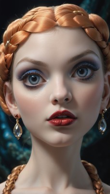 1girl,solo,long hair,looking at viewer,blue eyes,jewelry,collarbone,braid,earrings,parted lips,teeth,orange hair,blurry,twin braids,lips,eyelashes,makeup,blurry background,piercing,lipstick,portrait,close-up,eyeshadow,freckles,realistic,red lips,mascara,blonde hair,necklace,gem,nose,crown braid