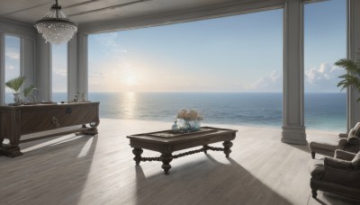 flower,sky,day,cloud,indoors,water,tree,cup,blue sky,book,no humans,window,shadow,ocean,chair,beach,table,sunlight,bottle,plant,curtains,scenery,wooden floor,palm tree,horizon,potted plant,lamp,shade,vase,flower pot,painting (object),candlestand