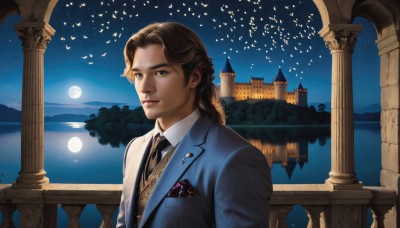 solo,long hair,looking at viewer,brown hair,shirt,1boy,brown eyes,closed mouth,jacket,white shirt,upper body,braid,male focus,outdoors,necktie,sky,collared shirt,water,vest,tree,lips,night,bird,formal,moon,suit,blue jacket,building,star (sky),night sky,black necktie,full moon,starry sky,reflection,realistic,pillar,castle,lake,arch,1girl,ocean,moonlight