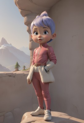 1girl,solo,looking at viewer,smile,short hair,gloves,blue hair,standing,jacket,full body,white hair,outdoors,sky,shoes,belt,pants,black eyes,tree,lips,white footwear,child,short ponytail,hand in pocket,pink jacket,jumpsuit,pink pants,mountain,realistic,hands in pockets