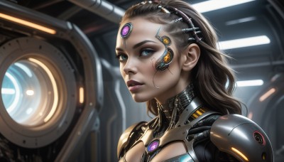 HQ,1girl,solo,long hair,looking at viewer,blue eyes,brown hair,upper body,parted lips,blurry,lips,makeup,portrait,science fiction,realistic,nose,android,cyborg,cyberpunk,black hair,ponytail,armor,eyelashes,bodysuit,facial mark,lipstick,close-up,eyeshadow,machinery,eyeliner,cable,hair pulled back