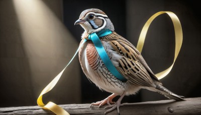 HQ,solo,ribbon,closed mouth,standing,full body,black eyes,from side,no humans,profile,bird,animal,feathers,blue ribbon,yellow ribbon,light rays,realistic,animal focus,spotlight,beak,scarf,sunlight,black background,talons,ballet