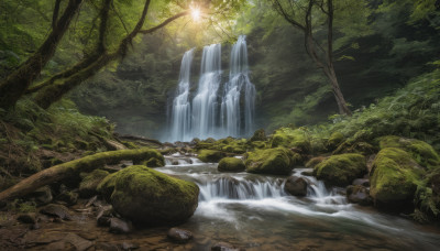 outdoors, water, tree, no humans, sunlight, nature, scenery, forest, rock, river, waterfall, stream