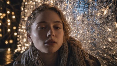 1girl,solo,long hair,looking at viewer,brown hair,jewelry,earrings,parted lips,scarf,blurry,black eyes,lips,depth of field,blurry background,portrait,realistic,christmas tree,christmas lights,short hair,brown eyes,outdoors,teeth,thick eyebrows,backlighting,light