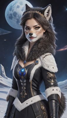 1girl,solo,long hair,breasts,looking at viewer,brown hair,black hair,animal ears,cleavage,brown eyes,jewelry,medium breasts,tail,outdoors,sky,artist name,cat ears,lips,animal ear fluff,fur trim,makeup,night,moon,tiara,gauntlets,gem,star (sky),night sky,furry,snow,full moon,starry sky,fur collar,nose,furry female,dress,black dress,facial mark,wolf ears,wolf girl,wolf