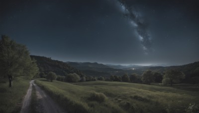 outdoors,sky,cloud,tree,no humans,night,grass,star (sky),nature,night sky,scenery,forest,starry sky,mountain,road,dark,landscape,path,hill,rock,horizon,field