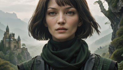 1girl,solo,looking at viewer,short hair,bangs,brown hair,green eyes,upper body,outdoors,parted lips,sky,day,cloud,scarf,blurry,tree,lips,blurry background,building,portrait,freckles,mountain,realistic,castle,green scarf,black hair,eyelashes,bob cut,cloudy sky,wind,nature,scenery,nose