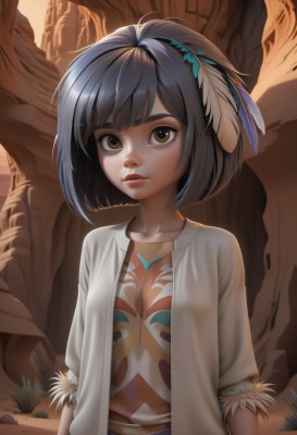 1girl,solo,breasts,looking at viewer,short hair,bangs,shirt,black hair,hair ornament,brown eyes,closed mouth,collarbone,white shirt,upper body,short sleeves,small breasts,outdoors,open clothes,artist name,signature,open jacket,tree,lips,bob cut,feathers,freckles,rock,nose,arms at sides,feather hair ornament,brown hair,jacket,thick eyebrows