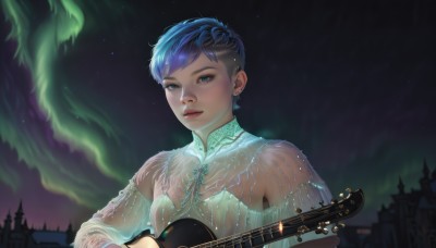 1girl,solo,looking at viewer,short hair,blue eyes,dress,holding,jewelry,blue hair,upper body,earrings,outdoors,parted lips,sky,lips,see-through,night,instrument,star (sky),night sky,starry sky,realistic,nose,music,guitar,playing instrument,holding instrument,bangs,long sleeves,bare shoulders,multicolored hair,two-tone hair,eyelashes,makeup,piercing,ear piercing,eyeshadow,asymmetrical hair,very short hair,eyebrow piercing,aurora