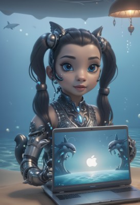 1girl,solo,long hair,looking at viewer,smile,blue eyes,black hair,hair ornament,animal ears,twintails,jewelry,upper body,earrings,cat ears,dark skin,fingerless gloves,water,dark-skinned female,lips,forehead,freckles,fish,science fiction,bubble,underwater,computer,mechanical arms,cyborg,laptop,single mechanical arm,stylus,drawing tablet,tail,mole,mole under eye,ocean,beach,aged down,child,nose,sand,dragon,tablet pc,aquarium