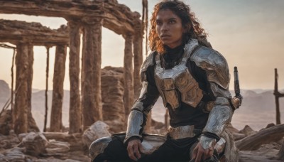 1girl,solo,long hair,looking at viewer,brown hair,black hair,1boy,brown eyes,sitting,closed mouth,weapon,male focus,outdoors,sky,belt,pants,sword,dark skin,armor,lips,shoulder armor,sheath,curly hair,pauldrons,breastplate,rock,realistic,vambraces,ruins,planted,planted sword,chainmail,dark-skinned female,scar,black pants,forehead,backlighting,serious,bracer,looking afar