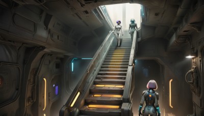 short hair,multiple girls,gloves,1boy,holding,2girls,standing,weapon,purple hair,indoors,from behind,uniform,bodysuit,helmet,robot,scenery,science fiction,stairs,pilot suit,cable,hallway,spacesuit,cyberpunk,blue hair,pink hair,ass,looking at another,white bodysuit,astronaut