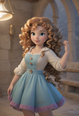 1girl,solo,long hair,looking at viewer,smile,blue eyes,skirt,blonde hair,brown hair,shirt,dress,standing,cowboy shot,indoors,hand up,blurry,lips,blue skirt,depth of field,blurry background,blue dress,wavy hair,curly hair,lantern,lamp,sleeves past elbows,breasts,long sleeves,jewelry,very long hair,white shirt,frills,artist name,window,brick wall,arch