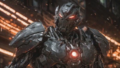 solo,looking at viewer,red eyes,1boy,upper body,male focus,armor,blurry,no humans,blurry background,glowing,helmet,robot,mecha,glowing eyes,science fiction,power armor,embers,humanoid robot,realistic,cyberpunk