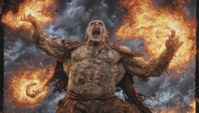 solo,short hair,open mouth,1boy,navel,standing,white hair,male focus,cowboy shot,outdoors,sky,teeth,pants,cloud,cape,armor,arm up,torn clothes,tattoo,muscular,facial hair,from below,cloudy sky,fire,pectorals,muscular male,shoulder armor,beard,topless male,old,chest hair,lightning,arm hair,embers,burning,signature,facing viewer,pauldrons