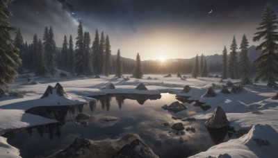 outdoors,sky,cloud,water,tree,no humans,night,moon,star (sky),nature,night sky,scenery,snow,forest,starry sky,rock,mountain,sun,crescent moon,winter,river,landscape,lake,sunrise,pine tree,reflection,sunset,mountainous horizon,reflective water