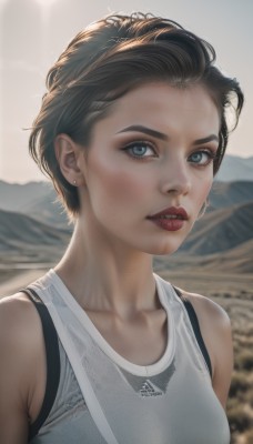 1girl,solo,breasts,looking at viewer,short hair,blue eyes,brown hair,shirt,black hair,bare shoulders,jewelry,medium breasts,collarbone,white shirt,upper body,earrings,outdoors,parted lips,teeth,sleeveless,blurry,lips,blurry background,tank top,freckles,mountain,realistic,stud earrings,eyelashes,makeup,nose,dirty,dirty face