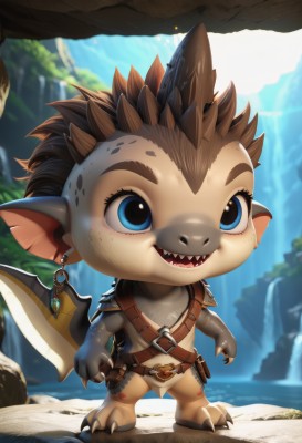 solo,smile,open mouth,blue eyes,brown hair,1boy,jewelry,standing,full body,weapon,:d,male focus,earrings,outdoors,teeth,day,pointy ears,belt,sword,chibi,armor,blurry,no humans,blurry background,fangs,sharp teeth,claws,furry,fantasy,dragon,waterfall,cliff,looking at viewer,short hair,artist name,water,colored skin,spiked hair,freckles,pouch,rock,fewer digits