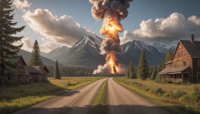 outdoors,sky,day,cloud,signature,tree,blue sky,no humans,glowing,cloudy sky,grass,fire,building,nature,scenery,forest,smoke,running,mountain,road,house,path,artist name,bush,explosion,landscape