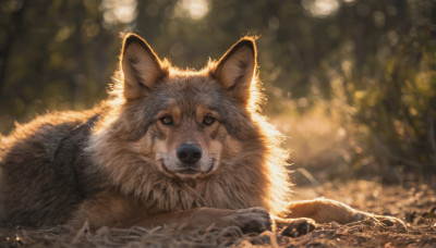 looking at viewer, outdoors, lying, signature, blurry, no humans, depth of field, blurry background, animal, on stomach, dog, realistic, animal focus