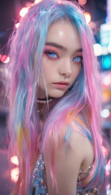 1girl,solo,long hair,looking at viewer,blue eyes,bare shoulders,jewelry,closed mouth,blue hair,upper body,pink hair,multicolored hair,choker,artist name,blurry,two-tone hair,lips,eyelashes,makeup,blurry background,black choker,lipstick,forehead,eyeshadow,realistic,nose,bokeh,mascara,k/da (league of legends),parted lips,necklace,from side,streaked hair,depth of field,watermark,gem,web address,pink lips