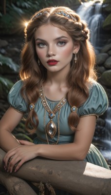 1girl,solo,long hair,breasts,looking at viewer,brown hair,hair ornament,dress,brown eyes,jewelry,braid,short sleeves,hairband,earrings,outdoors,parted lips,puffy sleeves,artist name,signature,water,necklace,nail polish,blurry,puffy short sleeves,lips,fingernails,grey eyes,makeup,leaning forward,depth of field,blurry background,blue dress,watermark,ring,tiara,lipstick,gem,pink nails,pendant,freckles,green dress,realistic,nose,railing,red lips,waterfall,arm rest,aqua dress,upper body,sunlight