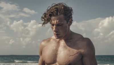 solo,brown hair,1boy,closed mouth,nipples,collarbone,closed eyes,upper body,male focus,nude,outdoors,sky,day,cloud,dark skin,water,blurry,blue sky,lips,blood,blurry background,ocean,scar,beach,dark-skinned male,cloudy sky,wind,messy hair,facing viewer,freckles,topless male,injury,realistic,horizon,short hair,blonde hair,muscular,pectorals,muscular male