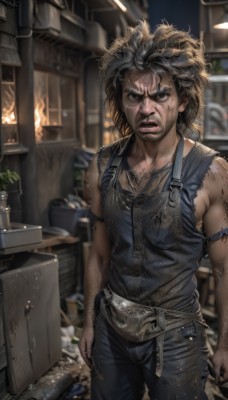 solo,looking at viewer,open mouth,brown hair,shirt,1boy,bare shoulders,brown eyes,jewelry,standing,male focus,cowboy shot,teeth,sleeveless,belt,pants,indoors,dark skin,blurry,torn clothes,sleeveless shirt,tattoo,blurry background,facial hair,fire,plant,messy hair,beard,realistic,overalls,dirty,dirty face,1girl,blonde hair,lips,denim,angry,veins,jeans