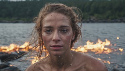 1girl,solo,long hair,looking at viewer,blue eyes,blonde hair,brown hair,jewelry,collarbone,nude,earrings,outdoors,parted lips,water,blurry,lips,wet,blurry background,fire,messy hair,portrait,freckles,realistic,wet hair,river,short hair,bare shoulders,necklace,grey eyes,depth of field,wind,nose