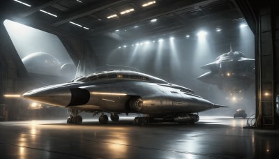 HQ,indoors,signature,military,no humans,window,scenery,reflection,flying,science fiction,light rays,realistic,aircraft,military vehicle,airplane,light,vehicle focus,spacecraft,lights,jet,fighter jet,cockpit,pilot