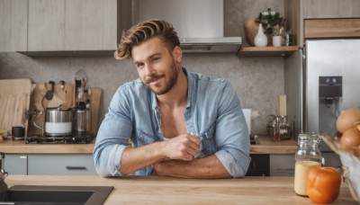 solo,looking at viewer,smile,short hair,brown hair,shirt,1boy,brown eyes,closed mouth,jacket,upper body,male focus,multicolored hair,one eye closed,food,open clothes,indoors,cup,open shirt,fruit,facial hair,table,beard,sleeves rolled up,mug,realistic,mustache,bread,chest hair,kitchen,arm hair,sink,counter,denim jacket,parody,bottle,manly,cooking,orange (fruit),cutting board