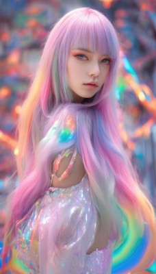 1girl,solo,long hair,looking at viewer,bangs,blue eyes,dress,very long hair,closed mouth,upper body,pink hair,multicolored hair,blunt bangs,blurry,from side,lips,see-through,grey eyes,eyelashes,gradient hair,makeup,blurry background,eyeshadow,realistic,nose,colorful,rainbow hair,jewelry,artist name,depth of field,expressionless,eyeliner,mascara