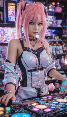 1girl,solo,long hair,breasts,looking at viewer,smile,bangs,blue eyes,gloves,bare shoulders,twintails,jewelry,medium breasts,closed mouth,jacket,upper body,pink hair,sidelocks,detached sleeves,sleeveless,choker,belt,indoors,necklace,off shoulder,blurry,bracelet,lips,blurry background,zipper,realistic,hair ornament,hair between eyes,shop