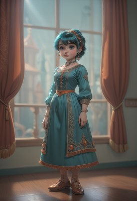 1girl,solo,breasts,looking at viewer,short hair,bangs,blue eyes,black hair,hair ornament,long sleeves,dress,jewelry,blue hair,standing,collarbone,full body,braid,hairband,earrings,small breasts,boots,parted lips,shoes,choker,day,puffy sleeves,artist name,indoors,necklace,blurry,bracelet,lips,window,depth of field,blurry background,blue dress,watermark,brown footwear,ring,curtains,child,pendant,puffy long sleeves,beads,wooden floor,female child,crown braid,pearl necklace,aqua dress,hair bun,aqua hair,sunlight,single hair bun,web address