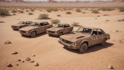 outdoors,day,no humans,shadow,grass,ground vehicle,scenery,motor vehicle,rock,car,road,vehicle focus,wheel,sports car,truck,tire,sky,tree,beach,sand,desert