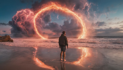 solo, black hair, 1boy, standing, male focus, outdoors, sky, shorts, cloud, hood, water, from behind, ocean, beach, hood down, cloudy sky, scenery, sunset, sand, horizon, waves, lightning