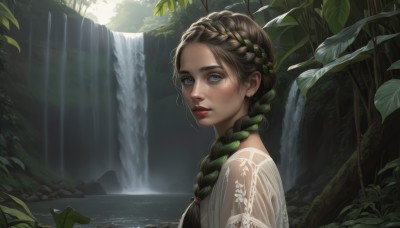 1girl,solo,long hair,looking at viewer,blue eyes,brown hair,closed mouth,upper body,braid,multicolored hair,outdoors,parted lips,green hair,day,water,from side,two-tone hair,tree,lips,looking to the side,single braid,makeup,leaf,plant,lipstick,portrait,nature,hair over shoulder,forest,freckles,realistic,nose,red lips,waterfall,dress,see-through,ocean,sunlight,scenery,crown braid