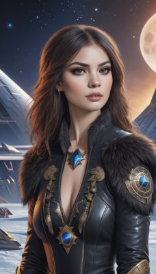 1girl,solo,long hair,breasts,looking at viewer,large breasts,brown hair,cleavage,brown eyes,jewelry,medium breasts,collarbone,upper body,sky,necklace,lips,fur trim,bodysuit,night,moon,gem,star (sky),night sky,full moon,pendant,starry sky,realistic,aircraft,nose,space,planet,spacecraft,jacket,outdoors,parted lips,signature,makeup