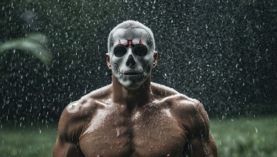 solo,1boy,nipples,upper body,male focus,outdoors,blurry,wet,mask,muscular,night,leaf,pectorals,muscular male,facing viewer,rain,topless male,realistic,manly,chest hair,blurry background,sunglasses,skull,bald