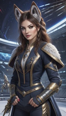 1girl,solo,long hair,breasts,looking at viewer,brown hair,gloves,animal ears,brown eyes,jewelry,standing,jacket,braid,cowboy shot,earrings,black gloves,pants,fingerless gloves,nail polish,armor,mole,lips,animal ear fluff,fox ears,makeup,black pants,red nails,clenched hands,vambraces,red lips,space,planet,weapon,artist name,necklace,coat,gun,parted bangs,star (sky),extra ears,forehead,realistic,spacecraft,gunblade