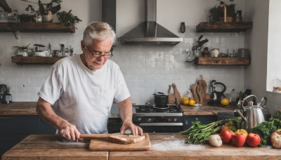 solo,short hair,shirt,1boy,holding,closed mouth,white shirt,upper body,white hair,short sleeves,grey hair,male focus,food,glasses,indoors,fruit,facial hair,bottle,knife,plant,t-shirt,black-framed eyewear,realistic,apple,carrot,old,old man,cooking,kitchen,tomato,vegetable,frying pan,sink,lettuce,cutting board,onion,beard,mustache,basket,tiles,holding knife,bread,jar,counter,stove,potato,wrinkled skin