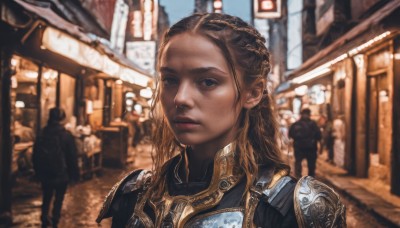 1girl,long hair,looking at viewer,blue eyes,brown hair,closed mouth,upper body,braid,outdoors,multiple boys,solo focus,dark skin,armor,blurry,dark-skinned female,lips,depth of field,blurry background,shoulder armor,building,portrait,pauldrons,breastplate,city,realistic,nose,street,crowd,people,blonde hair,day,scenery,forehead,road