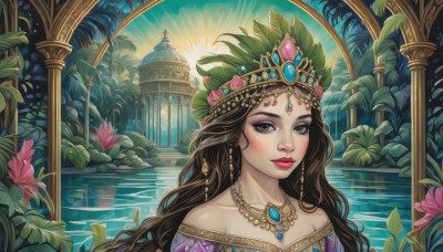 1girl,solo,long hair,looking at viewer,blush,blue eyes,brown hair,hair ornament,dress,bare shoulders,jewelry,collarbone,upper body,flower,earrings,parted lips,water,necklace,off shoulder,tree,lips,makeup,leaf,wavy hair,tiara,crown,plant,lipstick,gem,reflection,sun,red lips,pillar,lily pad,lotus,arch,black hair,brown eyes,outdoors,sky,mole,black eyes,grey eyes,eyelashes,mole under eye,sunlight,building,portrait,pink flower,eyeshadow,mirror