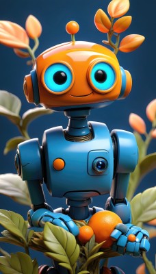 solo,looking at viewer,smile,blue eyes,holding,upper body,flower,food,blurry,no humans,fruit,leaf,blue background,plant,robot,mecha,science fiction,straight-on,orange (fruit),mandarin orange,humanoid robot,non-humanoid robot,closed mouth,standing,holding food,branch,holding fruit