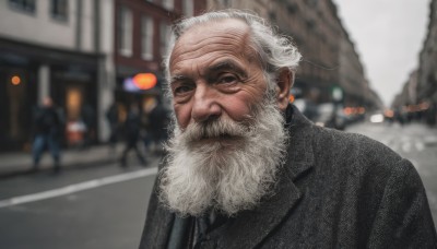 solo,looking at viewer,1boy,closed mouth,jacket,upper body,white hair,male focus,outdoors,solo focus,blurry,black eyes,coat,black jacket,depth of field,blurry background,facial hair,parody,ground vehicle,motor vehicle,beard,realistic,mustache,car,road,bald,old,old man,photo background,wrinkled skin,jewelry,grey hair,earrings,day,scar,building,scar on face,city,street