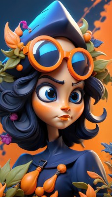 1girl,solo,breasts,blush,short hair,blue eyes,black hair,hair ornament,hat,closed mouth,upper body,flower,artist name,hair flower,lips,eyelashes,makeup,leaf,watermark,lipstick,goggles,tassel,web address,eyeshadow,freckles,goggles on head,sunset,nose,dress,sky,blue dress,sunglasses,plant,eyewear on head,curly hair,orange background,tinted eyewear